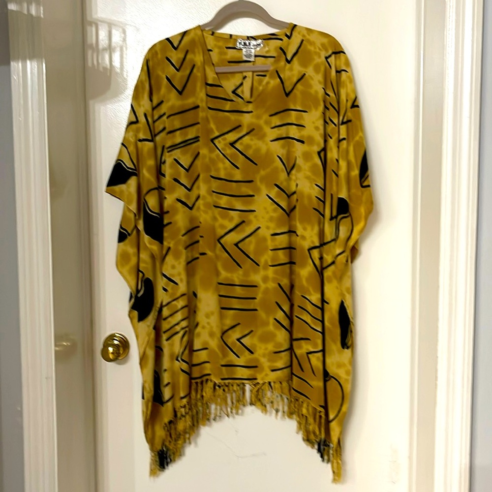 MMK COLLECTION WOMENS AFRICAN KAFTAN PONCHO TUNIC BOHO TRIBAL GOLD BLACK FRINGE